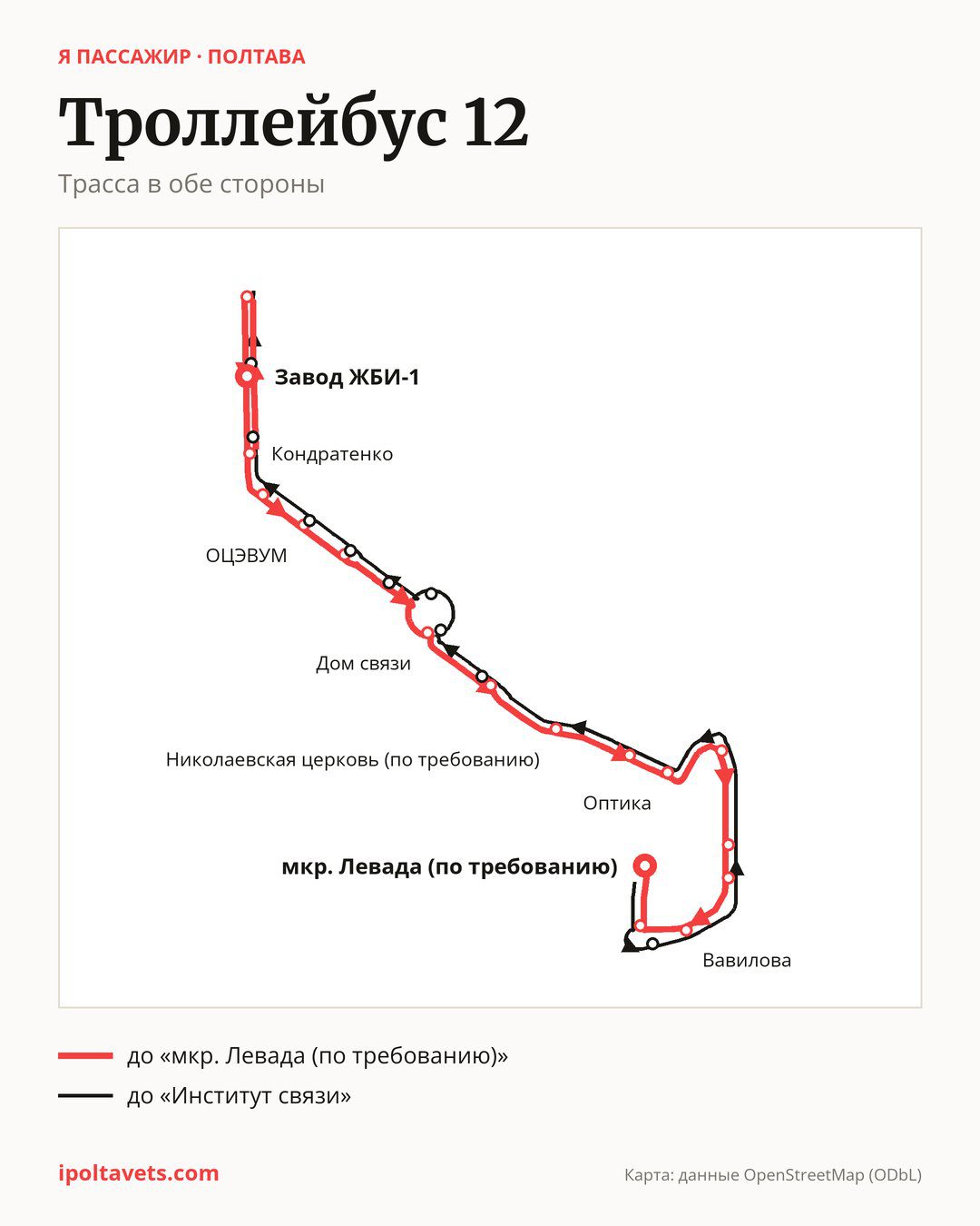 Троллейбус 12 в Полтаве на карте: трасса в обе стороны